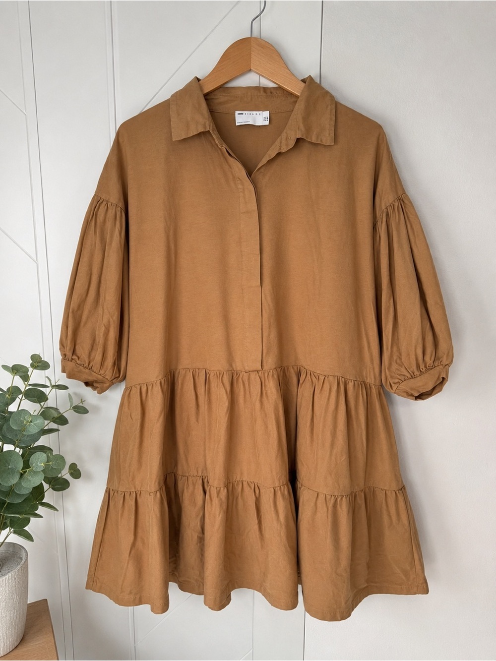 ASOS Design Cotton Camel Tiered Puff Sleeve Shirt Dress Size US 4